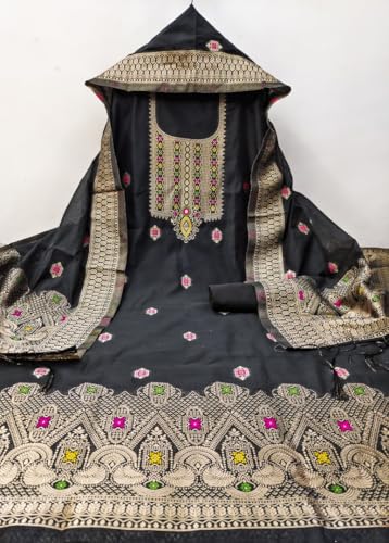 Image of Chanderi Suit Vol 5 | Pure Chanderi Banarasi Silk (3m) | Soft Cotton Bottom (2.5m) | Woven Chanderi Banarasi Silk Dupatta (2.3m) with Tassels, Unstitched Material, Fits up to 60 inch, Length 48