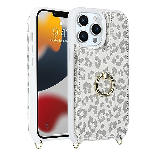 Image of for iPhone 12 /12 Pro Case with Card Holder and Strap for Women,Crossbody Lanyard,RFID Blocking,Kickstand Ring Stand,Snap Clasp,Cute Phone Wallet Cases 6.1 inch(White Leopard)