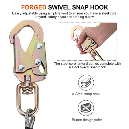 Flip Line Steel Wire Core Flipline Rope Kit 5/8" X12 Ft With Triple Lock Carabiner Adjuster Steel Swivel Snap Better Grab Low Stretch Cut Resistant For Fall Protection Arborist Tree Climbers Equipment #TOP5