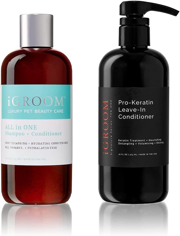 iGroom Dog Shampoo + Conditioner Groomers Bundle - All-in-One, Deep Clean All Coat Types, 16 oz - Pro-Keratin Leave-in Conditioner, Excellent Detangling, 16 oz