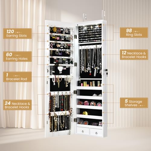 NAFORT 2 LEDs Mirror Jewelry Armoire, 47.5" H Door or Wall Mounted Jewelry Cabinet with Frameless Mirror, Lockable Jewelry Storage Box, Hanging Jewelry Organizer with 2 Drawers, White2