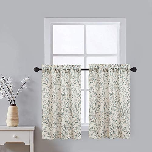 VOGOL Window Tiers Curtains 36 Inch Leaves Print Valances for Kitchen Lattice, Top Pocket Half Curtain Tier for Kid's Room Bedroom, 2 Panels, 30X36 Inch, Blue
