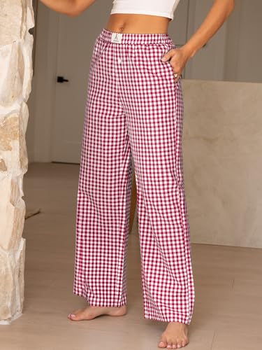 Image of ANRABESS Womens Gingham Striped Boxer Pants | 2026 Fall Outfits,Wide Leg Elastic Waist with Pockets,Casual Lounge Pajama Bottoms,Lightweight Breathable,Fashion Clothing