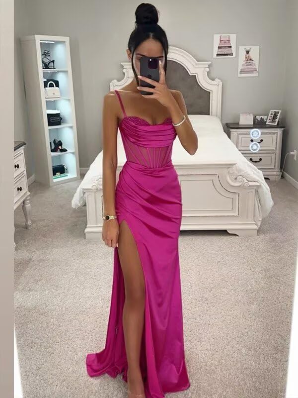 BOLENSYE Women's Mermaid Prom Dresses Satin Bridesmaid Dress Long Formal Evening Party Gown with Slit4
