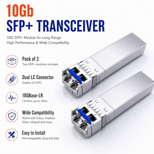 Image of Elfcam - 2 Pack 10Gb SFP+ Transceiver Module, 10GBase-LR SFP+ Module 1310nm, LC /UPC Duplex Singlemode Connector (OS2), DDM10KM