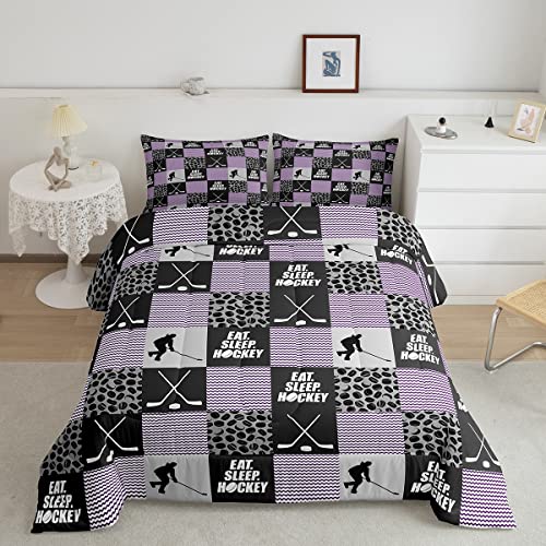 Girls Ice Hockey Bedding Set Twin Teen Patchwork Hockey Player Pucks Comforter Set,Eat Sleep Hockey Quilt Duvet Sports Games Comforter,Purple Geometric Checkered Stripe Black Grey 1 Pillow Case #TOP27