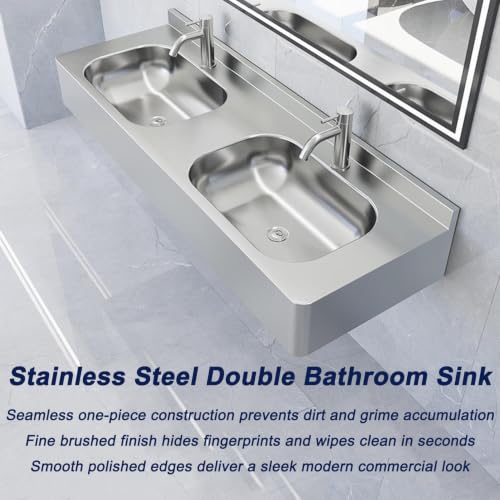 Lavabo comercial de doble cubeta con canal rectangular flotante para pared 8