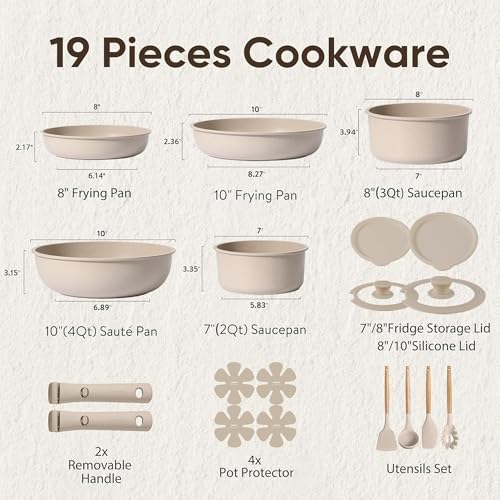 Image of CAROTE 19pcs Pots and Pans Set Non Stick, Nonstick Cookware Set Detachable Handle, Induction Kitchen Cooking Sets with Removable Handle, RV Kitchen, Oven Safe, Taupe
