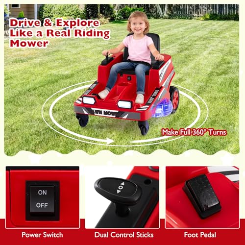 Costzon Ride on Lawn Mower for Kids, 12V Toddler Electric Car with 360° Twist and Turn, Dual Control Sticks, LED Lights, Outdoor Ride on Toy Gift for Boys & Girls Aged 3-8 (Red) - Image 2