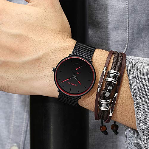 Mens Watches Ultra-Thin Minimalist Waterproof-Fashion Wrist Watch for Men Unisex Dress with Stainless Steel Mesh Band-Red Hands (New)