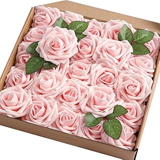 JaosWish 50PCS Artificial Roses Real Touch Fake Foam Roses Artificial Flowers for DIY Bouquet Wedding Party Home Decoration (Pink Champagne)