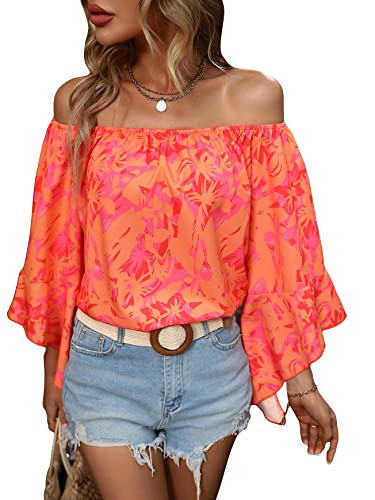 Verdusa Women's Off Shoulder Ruffled 3/4 Sleeve Floral Print Blouse Top Shirts Orange M