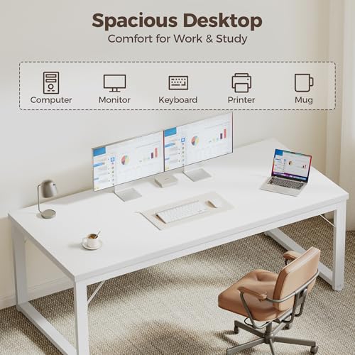 Image of 40 Inch Computer Desk, 1 inch Thick Small Office Table, White | Modern Simple Style, Heavy Duty Industrial Frame, Small Study & Writing Table for Home Bedroom Work