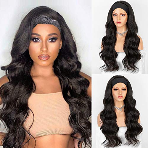 Persephone 180% Headband Wigs for Black Women Glueless Black Synthetic Wig with Headband Attached Long Wavy Wig 22inches Heat Resistant