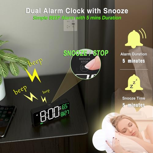 Image of KOSUMOSU Digital Alarm Clocks for Bedrooms,6.7in Black Small Digital Clock for Bedroom, Auto Dimming,Date,Week,Seconds or Indoor Temperature,Desk Clocks for Living Room,LED Alarm Clock Calendar