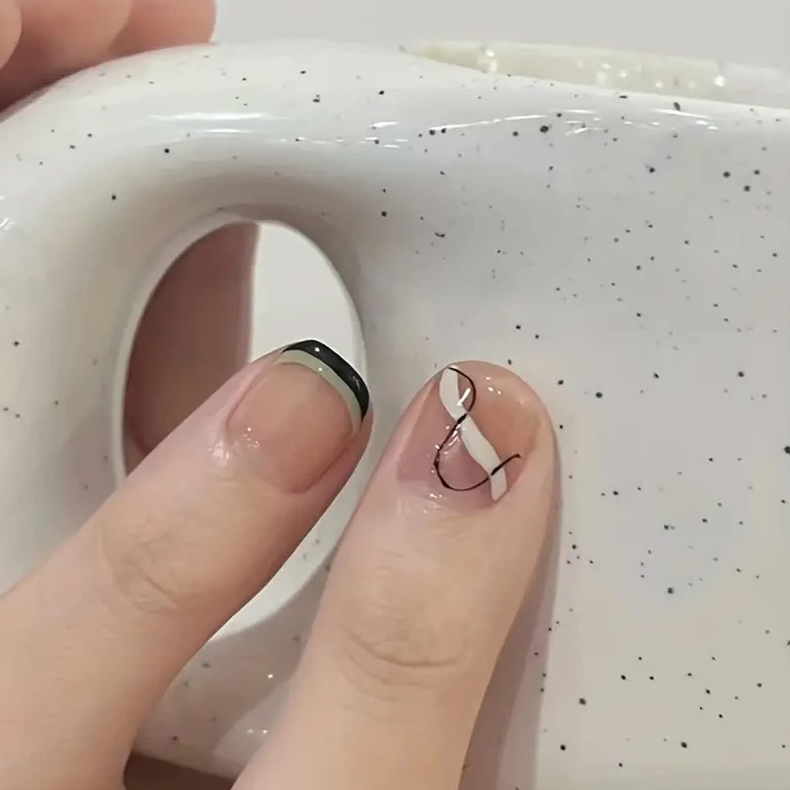 Ricefod Press on Nails Short Glossy Square Fake Nails with Black Tip Designs Full Cover Nails for Women and Girls 24 Pcs