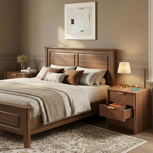Image of LYNCOHOME 23 inch Fluted Nightstands Set of 2 with Charging Station, 3 Drawer Bedside Table, Modern Night Stand with Curved Edge, Wooden End Table for Bedroom, Rounded Night Stand with Storage, Walnut