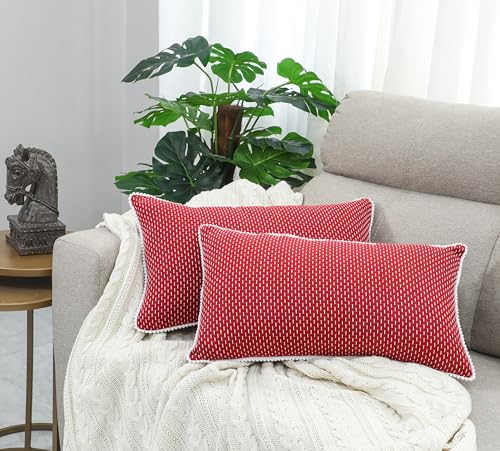 Image of mosey Rectangle Cushion Covers 12x18 inch | Set of 2 | Cushion Cover 12 x 18 inche | Cotton Sofa Cushion Covers 30 x 45cm Red White