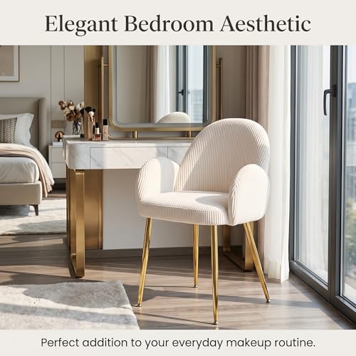 Image of Eifizek Home Office Chair Set of 4, Modern Corduroy Upholstered Vanity Desk Chair with Gold Legs for Girls Women, Ergonomic Padded Backrest for Living Room, Beige