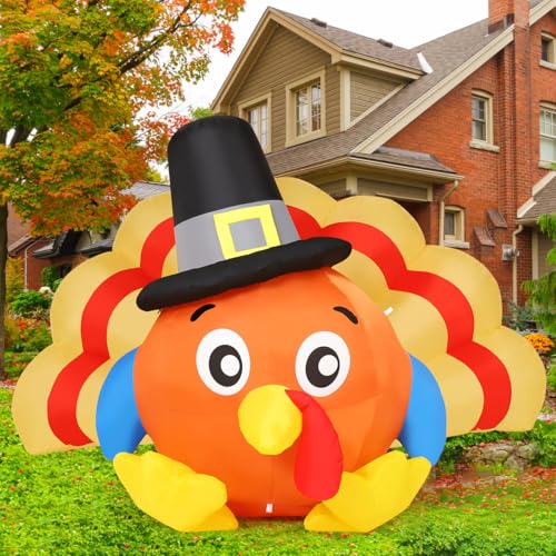 GOOSH 7.5 FT Long Thanksgiving Inflatables Turkey Outdoor Decorations Blow Up Yard Turkey Baby with Pilgrim Hat with Built-in LEDs for Outdoor Indoor Garden Lawn Party Decor