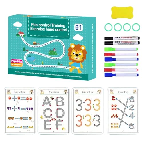 Image of DUKAAN Magic Practice Copybook for 2-6 yrs Kids 64 Pages Reusable Tracing Workbook,Wipe-Clean Handwriting Practice Book with Pens, Eraser, Learn Alphabets, Numbers, Drawing,Writing- 45x200 cm(Black)