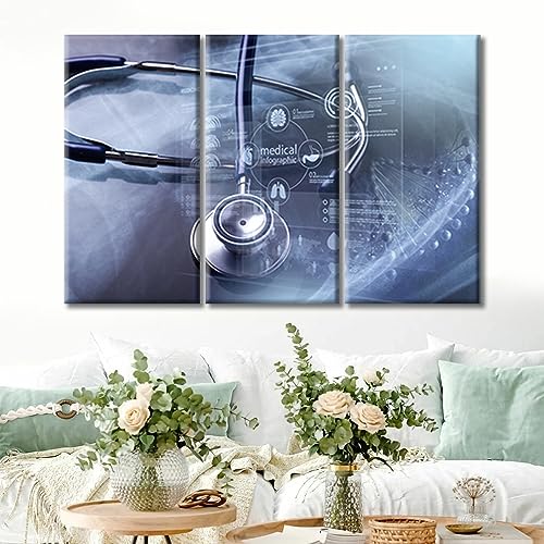 Image of 3 Panels Stethoscope and Medical Framed Wall Art Modern Medicine Cardiology Concept Posters & Prints Wall Art for Living Room Giclee Wooden Framed Gallery-Wrapped Ready to Hang (36 inch Wx24 H)