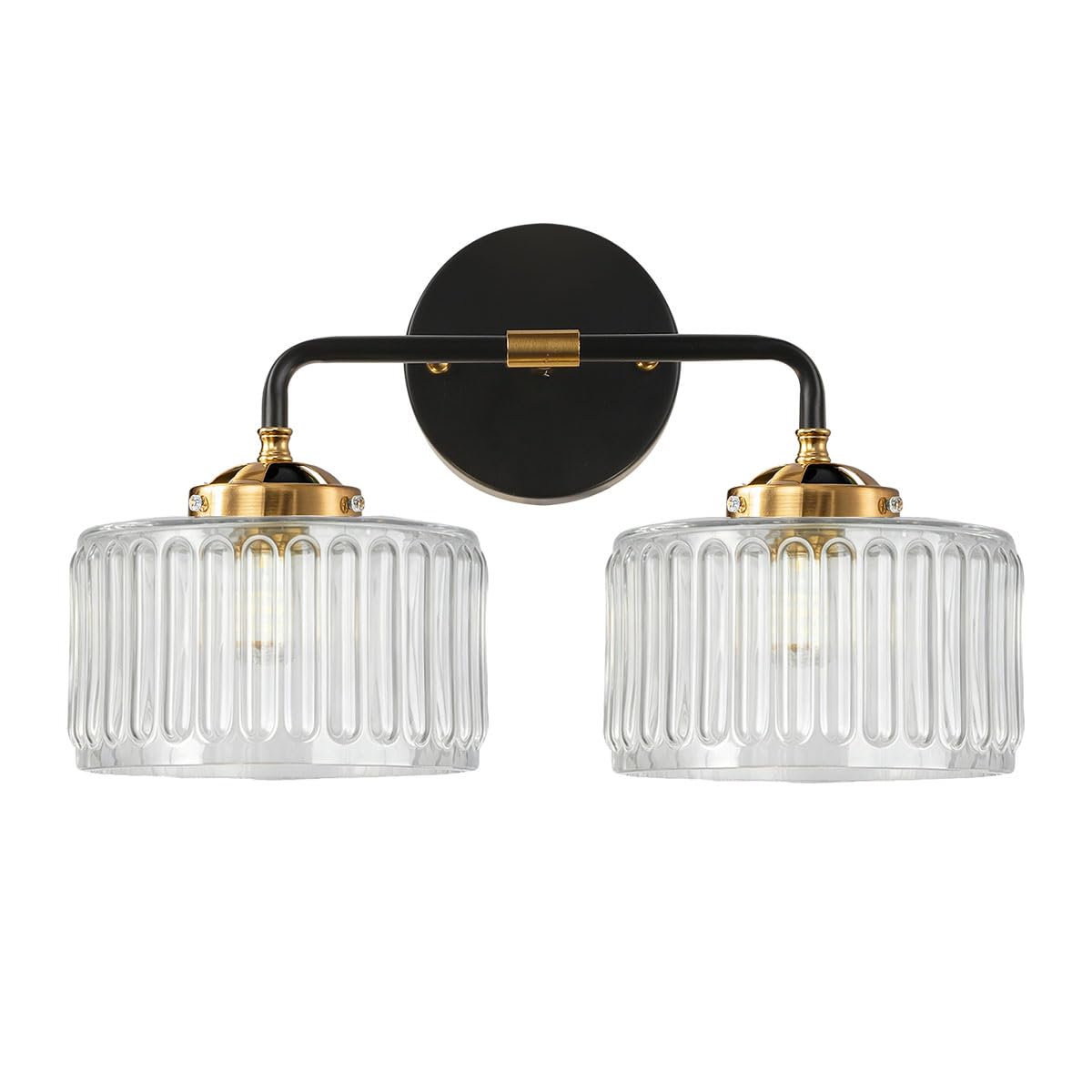 Mid Century Modern Wall Sconce Clear Glass 6.7" Shade Striped Glass Bathroom Vanity Lights Vintage Style Brushed Finish Black Gold Wall Mount Light for Living Room, Bedroom, Hallway