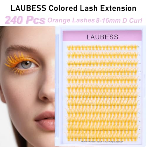 Image of Colored Lash Clusters LAUBESS Orange Colored Eyelash Clusters Wispy Colored Lash Extensions Colorful Lash Clusters Individual Lashes (Orange 40D-0.07D-Mix8-16)
