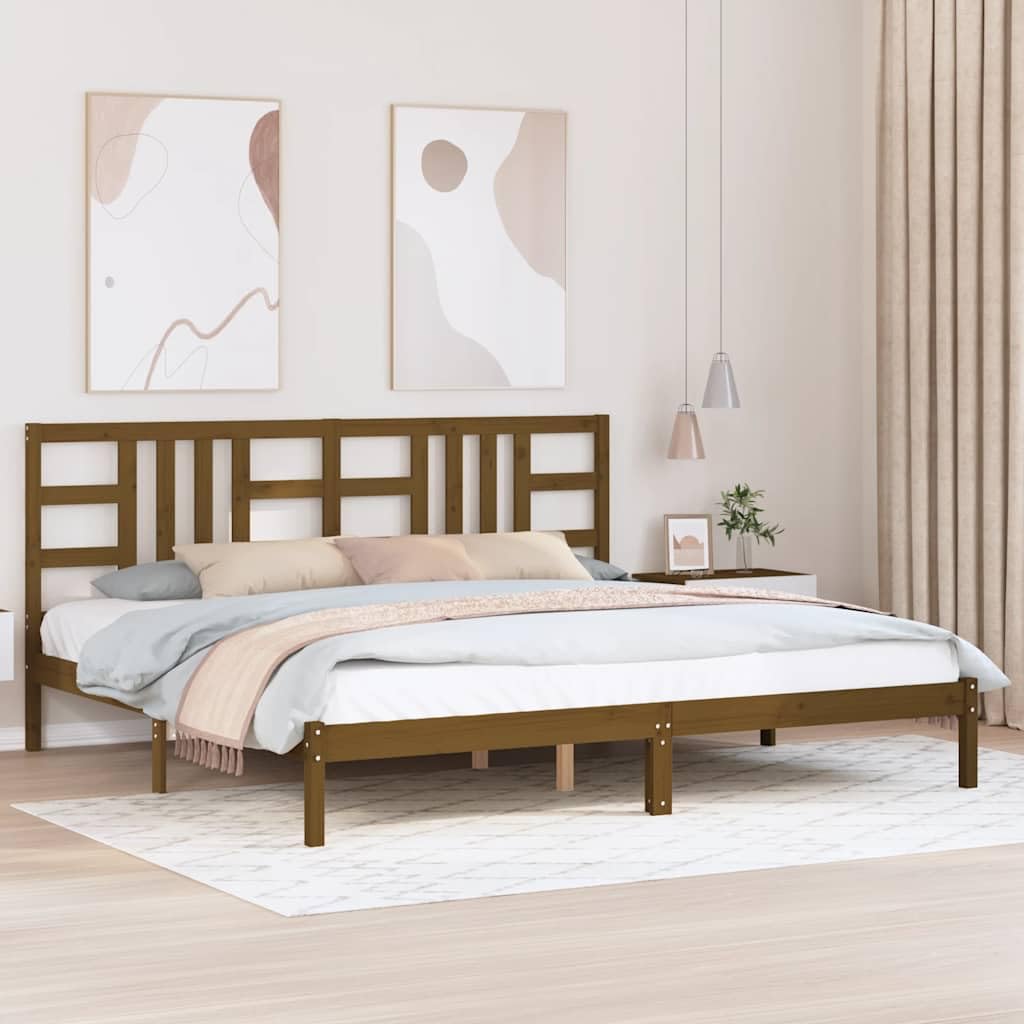 Lite drewno sosnowe Klasyczny design z zagłówkiem Brąz 200x200 cm | Rama łóżka 200x200 cm, lite drewno sosnowe, miodowy brąz, zagłówek, listwy ze sklejki