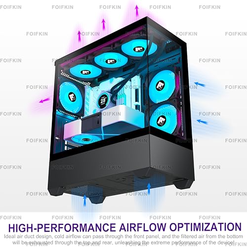 FOIFKIN F1 PC Gehäuse ATX- Pre-Install 6 PWM ARGB Lüfter, Mid-Tower Computer Gehäuse, Gaming PC- Gehäuse,270° Panorama Tempered Glass,mit Type-C, ATX Gehäuse (Schwarz, F1)