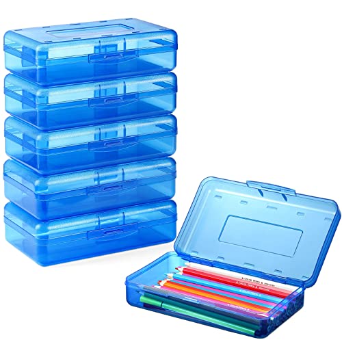 Sooez Clear Pencil Case 6 Pack – Plastic Pencil Box & Crayon Box Bulk, Large Storage Containers with Snap Lids | Stackable Marker Craft & Art Supply Storage Organizer, Pen Case for School Supplis,Blue