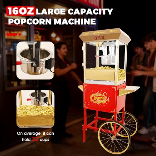 Image of Popcorn Machine with Cart & 16oz kettle for Home /Commercial (Red)