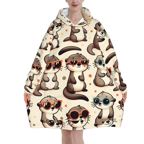 Augenstern Oversized Flannel Wearable Blanket Hoodie For Adult Otter-Wearing-Sunglasses Soft Fuzzy Hooded Lounging Pullover