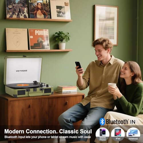 Record Player with Speakers, Bluetooth Vinyl Record Player with Recording, 3 Speed Portable Suitcase LP Player, Belt Drive Turntable, RCA/AUX/Headphone Jack, Green - Les Beatles, Paul McCartney, John Lennon, RIngo Starr, George Harrison Record Player with Speakers, Bluetooth Vinyl Record Player with Recording, 3 Speed Portable Suitcase LP Player, Belt Drive Turntable, RCA/AUX/Headphone Jack, Green – Image 5