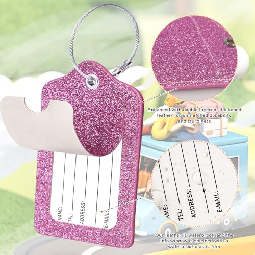 2Pcs Sparkly Pink Glitter Luggage Tags with Airplane Symbol, Stylish PU Leather Privacy Bag Tags with Steel Strap, Travel Bag Identifier for Women & Girls, Perfect for Suitcase and Backpack4