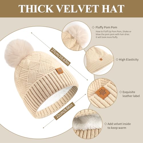 Womens Winter Beanie Scarf Gloves Set, Pom Pom Hat with Warm Fleece Lined Long Knit Scarf Touchscreen Gloves for Cold Weather2