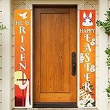 Happy Easter Day Porch Sign, Holy Week He is Risen Decoration Hanging Banner for Front Porch Door...