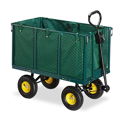 Relaxdays, Verde, Carro jardín XXL hasta 500 kg, Acero-Goma-Tela, 83 x 51 x 113 cm