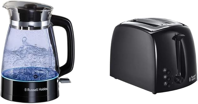Russell Hobbs 26080 Hourglass Cordless Electric Glass Kettle - Artisan Inspired Design, 1.7 Litre, 3000 Watt & 21641 Textures 2-Slice Toaster, 700 - 850 W, Black