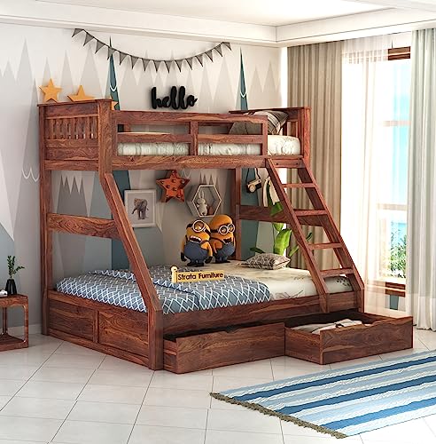 STRATA FURNITURE Sheesham Wood Bunk Bed with 2 Drawers Honey Finish - Image 2