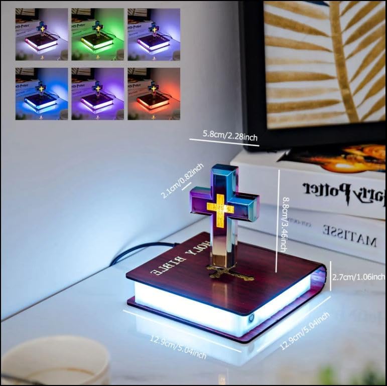 Christian Levitating Cross Lamp, Magnetic Levitating Cross Lamp Bible Nightlight, Cross Decoration with Glowing Base