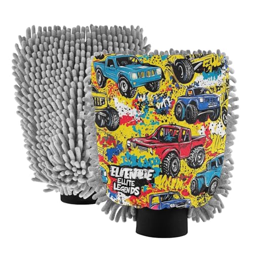 STAYTOP Graffiti Style Truck Car Wash Mitt Microfiber, 2Pcs Scratch Free Lint-Free, Premium Chenille Microfiber Mitt Car Wash Brush-L