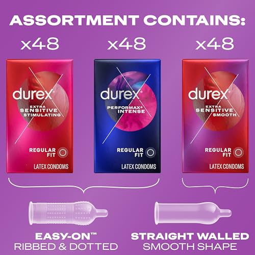 Durex Condoms Adventure Pack | Mix of Smooth & Ribbed Condoms Bulk | Variety Pack | Regular Fit Latex (Includes Durex Extra Sensitive Smooth, Stimulating, & Performax Intense), 144 ct