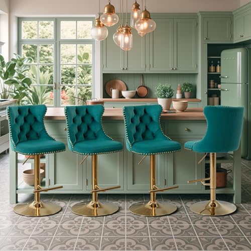 JETEAGO Velvet Bar Stool Set of 4 Adjustable Swivel Bar Stools with Gold Plated Metal Leg Counter Height Chair for Kitchen Bar Dining Room (Green)