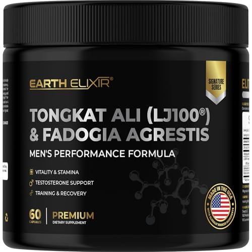 Earth Elixir LJ100 Tongkat Ali & Fadogia Agrestis for Men Natural Testosterone Supplement - Made in USA & 3rd Party Tested for Strength Energy & Vitality - Clinically Studied Tongkat Ali LJ100
