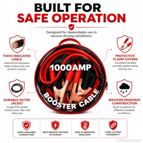 Image of Heavy Duty Car Battery Booster Cable | Copper Jumper Cables with Alligator Clamps | Emergency Jump Start for Cars, SUVs & Trucks (1000 AMP)