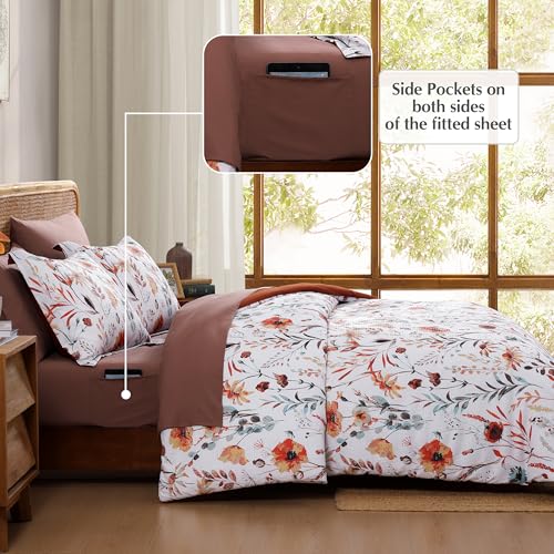 CASAAGUSTO Queen Comforter Set, 7 PCS White Floral Comforter Set with Terracotta Flowers Leaves Pattern, Soft Seersucker Design All Season Queen Bedding Set(90"X90")