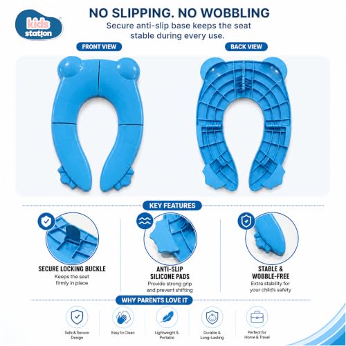 Image of Kids Station Baby Portable & Foldable Baby Unisex Potty Training Toilet Seat with Non-Slip Base, Splash Guard, and Storage Hook-Ideal for 0-6 Year Child, Travel-Friendly (Blue, Foldable Potty Seat)