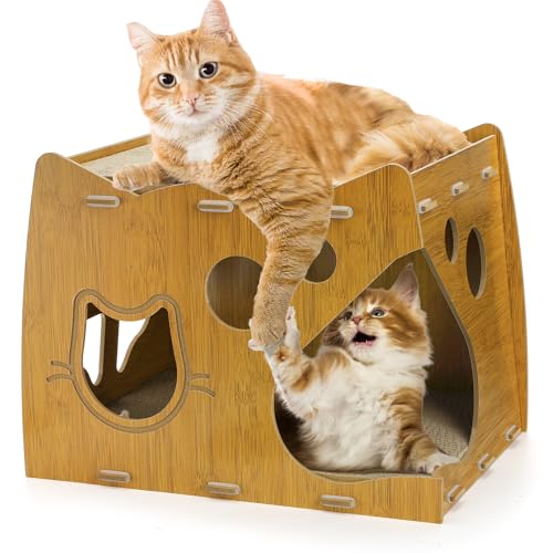 WRINGKIT 2-Level Cat Scratcher House, 2 in 1 Cat Cardboard House with Scratching Pads, Large Cat House Lounge for Indoor Cats to Rest and Hide, Maximum Load Capacity 66 Lbs