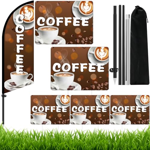 CrystalSylara 6 Sets Coffee Feather Flag Kit 1 Pcs 7 Feet Coffee Feather Flag 5 Pcs 12x16 Yard Signs with Pole Ground Stake and Storage Bag for Business Market Store Advertising Decor Supplies